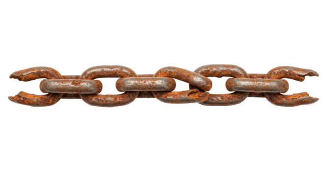 Old, heavily rusted metal chain segment with reddish-brown corrosion, abrasions, and chipped surfaces, isolated on a transparent background with no shadows, studio lighting, slightly high-angle