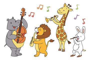 Fototapeta premium Vector art of a cartoon animal band featuring a giraffe, lion, hippo, and rabbit playing musical instruments together