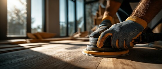 construction worker using an electric floor sander on a hardwood floor, concept of home renovation, flooring installation, craftsmanship