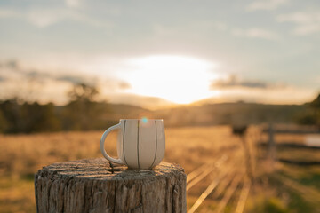 Coffee mug with sunflare sitting on fence post on farm at sunrise
