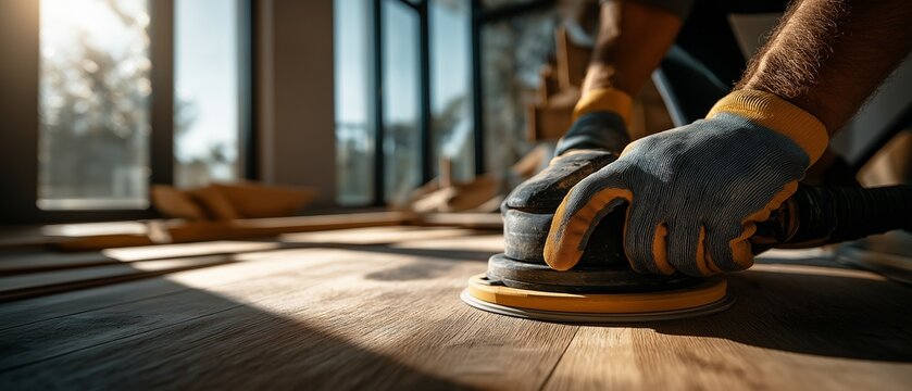 construction worker using an electric floor sander on a hardwood floor, concept of home renovation, flooring installation, craftsmanship