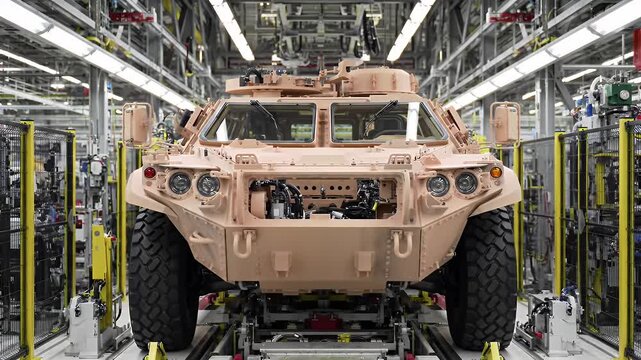 Military Vehicle on Assembly Line in Manufacturing Plant Sand Colored Armored Vehicle on Conveyor Belt in Bright Industrial Setting