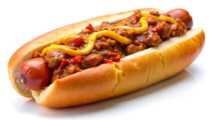 Chili dog with toppings on white background ideal for American street food visuals