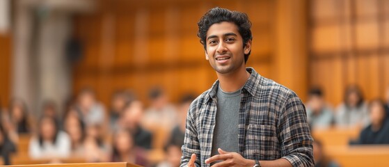 Indian student presenting a speech or presenting a project to an audience or class.