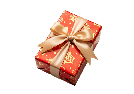A gift box with a gold ribbon and red wrapping paper.
