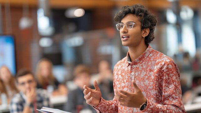 Indian student presenting a speech or presenting a project to an audience or class.