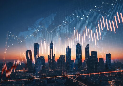 City skyline at dusk overlaid with financial data charts and a world map