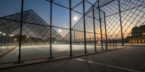 Outdoor sports court at dusk with dramatic sky and geometric netting.