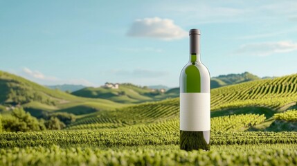 An Elegant Wine Bottle is Enchantingly Beautifully Surrounded by a Lush and Picturesque Vineyard Scenery