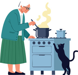 Elderly woman cooking on stove with black cat begging for food vector illustration
