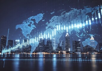 Digital global financial data overlaying a modern city skyline at night