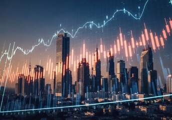 Digital graph overlays a modern city skyline at sunset