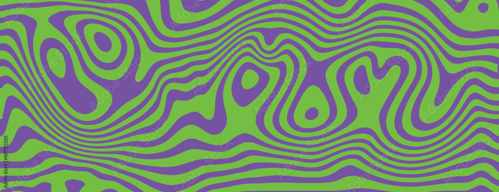 Poster psychedelic background with wavy green and purple patterns. the background features vibrant green an