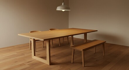 Minimalist Wooden Dining Table and Bench Set with Pendant Light in Modern Interior Design