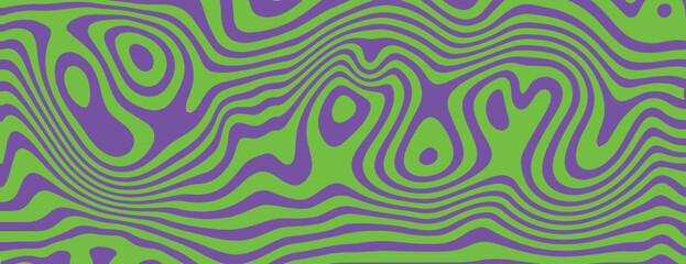 Psychedelic background with wavy green and purple patterns. The background features vibrant green and purple swirls and curves. Psychedelic pattern background vector. Green background.