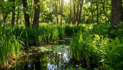 Sunlight streams through lush forest stream