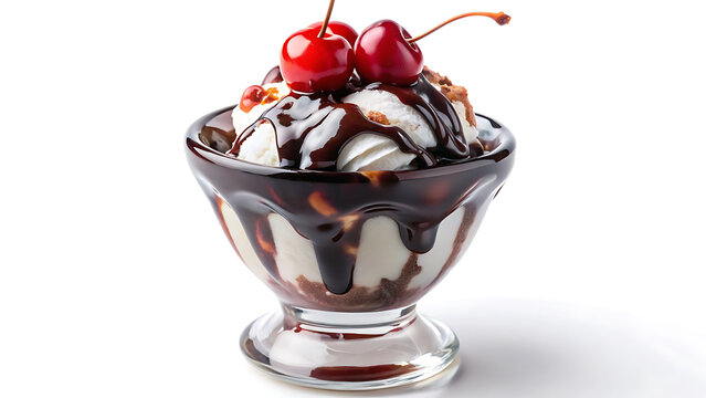 Hot fudge sundae dessert on white background perfect for sweets menu or summer treat visual