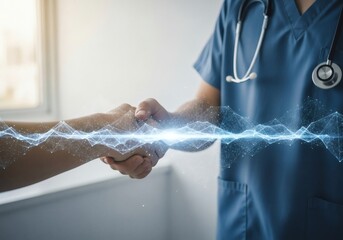 Doctor and patient shaking hands with a digital waveform overlay