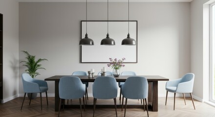 Elegant dining area showcases modern furniture light blue seating wooden table and minimalist aesthetic for a refined living space