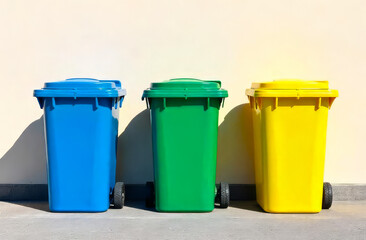 Recycling bins blue green yellow. Sorted waste containers. Trash management system.