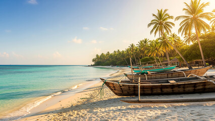 Tropical beach with fishing boats and palm trees. for island culture, travel stories, and Southeast Asian coastal scenes.