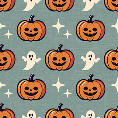 Charming Halloween seamless pattern with cute smiling pumpkins, playful ghosts, and scattered stars on a dusty retro background, whimsical vector design, autumn-themed decor for seasonal projects.