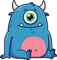 Cute blue one-eyed cartoon monster with horns and pink belly sitting vector illustration 