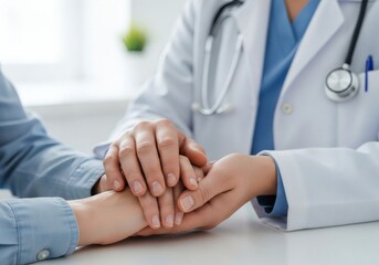 Obraz premium Doctor holding patients hand in office