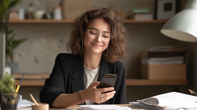 A professional lady using a smartphone while seated at her desk, grinning broadly, reviewing papers or documents connected to her job, using a mobile app to manage projects or to-do lists