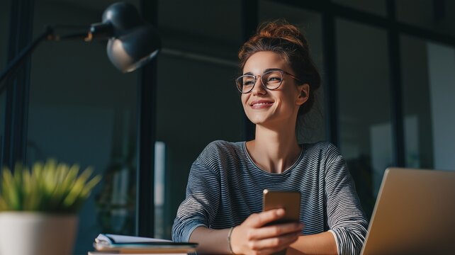 A professional lady using a smartphone while seated at her desk, grinning broadly, reviewing papers or documents connected to her job, using a mobile app to manage projects or to-do lists