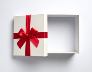 Top View of Open Gift Box with Red Ribbon