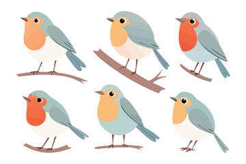 Charming Bird Collection: A delightful ensemble of six adorable birds, each perched gracefully, showcase the vibrant life of the natural world with a touch of whimsy.