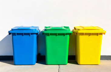Blue, green, and yellow bins. Sorting containers on beige wall. Waste separation.