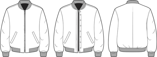 Bomber jacket flat sketch front and back, zip and button style, fashion technical drawing, clothing cad template, vector illustration © Asif's Creatives