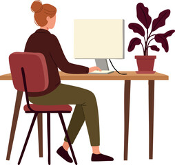Fototapeta premium Woman working on computer at wooden desk with indoor plant vector illustration 