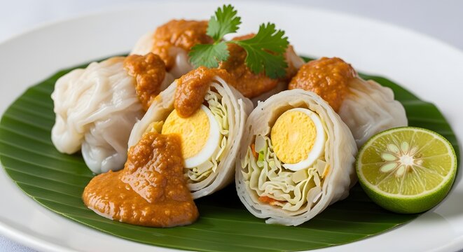 Traditional Indonesian steamed dumplings and vegetable egg rolls served with a savory peanut sauce and fresh lime