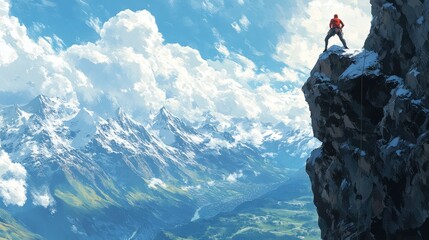Climber on Mountain Peak Overlooking Scenic Valley