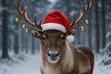 Photorealistic Reindeer in Snowy Forest with Santa Hat. AI Generative.