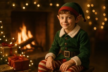 Smiling Young Elf in Green Outfit with Holiday Glow. AI Generative.