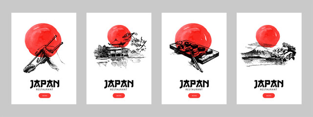 Japanese food hand drawn poster set. Vintage sketch sushi banners. Vector illustration