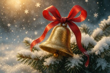 Close-Up Bell with Red Ribbon and Sparkling Snowflakes. AI Generative.
