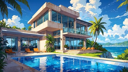 Luxury modern villa with a swimming pool and ocean view on a sunny day, anime style illustration