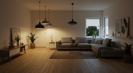 Modern and inviting living room interior design featuring a comfortable sectional sofa, minimalist decor, and warm ambient lighting for a relaxing home atmosphere.