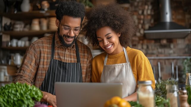 A young couple is cooking together while participating in an online culinary workshop on a laptop computer.