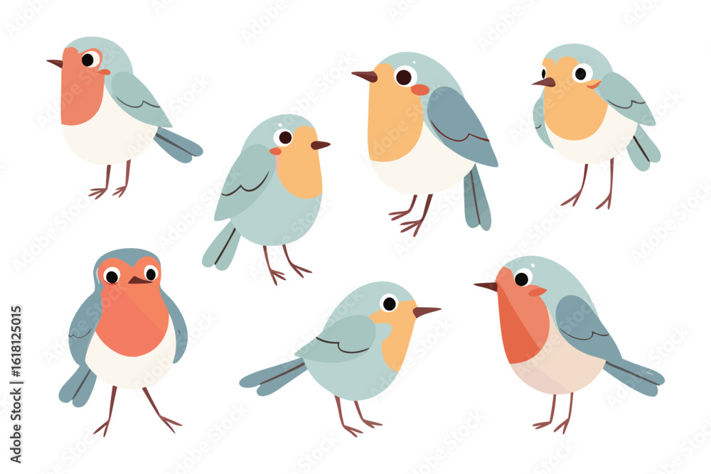Poster whimsical avian group portrait: a charming assembly of stylized birds, each with unique postures and