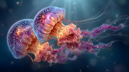 Pink and blue glowing jellyfish in a dark background, ethereal effect, HD realistic