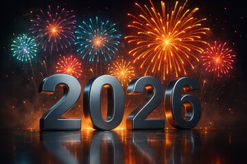 3D Silver 2026 with Fireworks and Reflections. AI Generative.