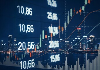 Financial graph with cityscape overlay