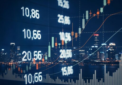 Financial graph with cityscape overlay
