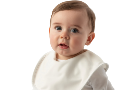 Baby with short hair and light-colored clothing smiles curiously against a plain background during a playful moment